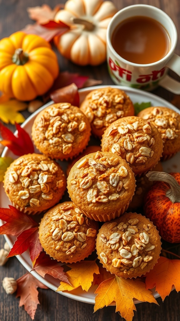 Deliciously Spiced Pumpkin Oatmeal Muffins for Fall Delicious pumpkin spice oatmeal muffins displayed on a plate with autumn decor.