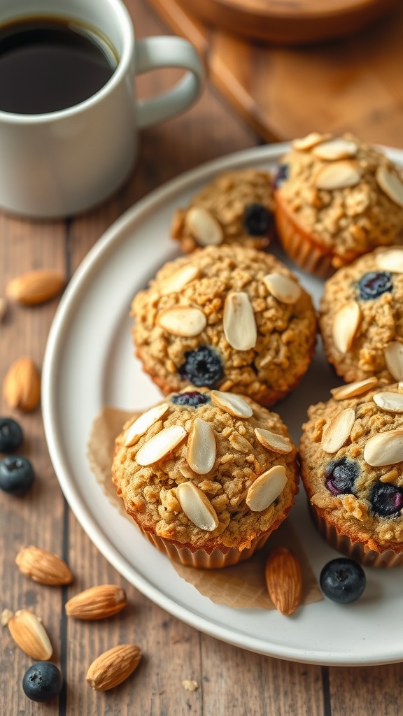 Freshly baked blueberry oatmeal muffins with almonds on a rustic plate.