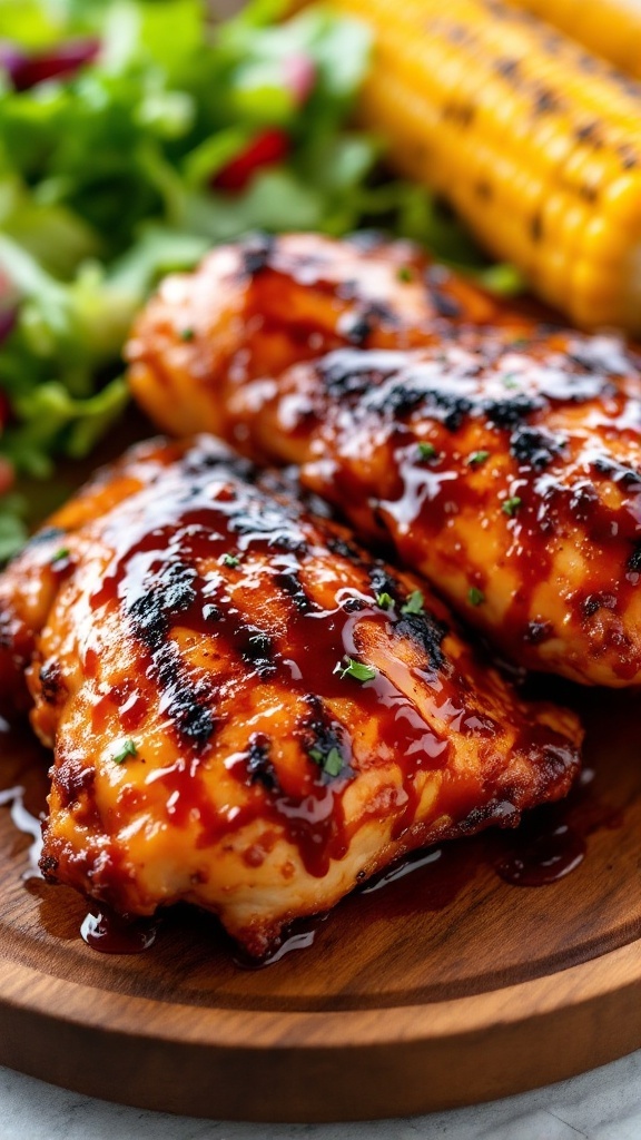 Grilled BBQ chicken with a smoky glaze, served with corn and salad on a wooden platter.