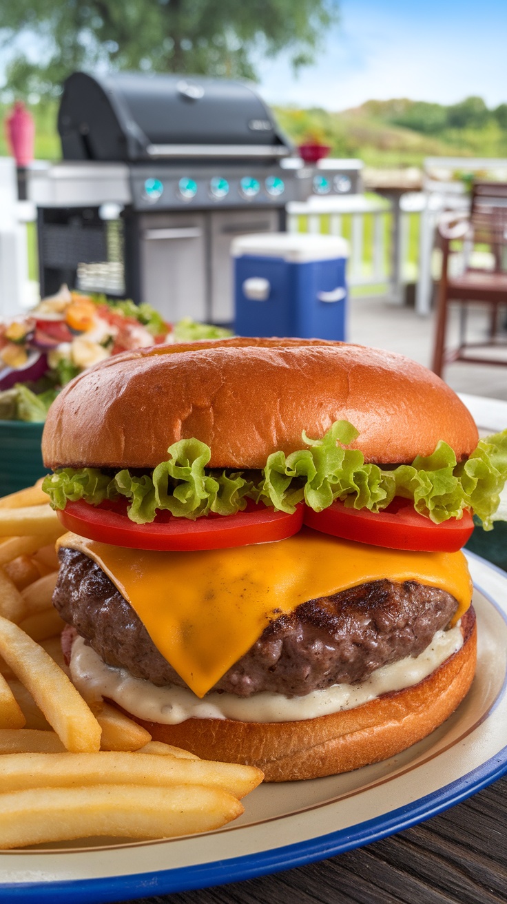 Juicy grilled hamburger with lettuce, tomato, and cheese on a toasted bun, served with fries.