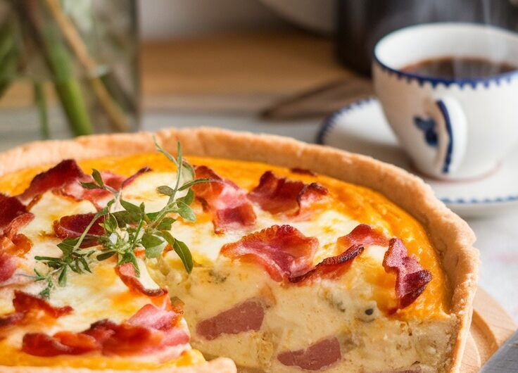 A slice of quiche Lorraine with bacon and cheese on a rustic board, surrounded by kitchen decor.