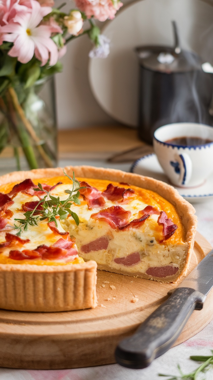 A slice of quiche Lorraine with bacon and cheese on a rustic board, surrounded by kitchen decor.