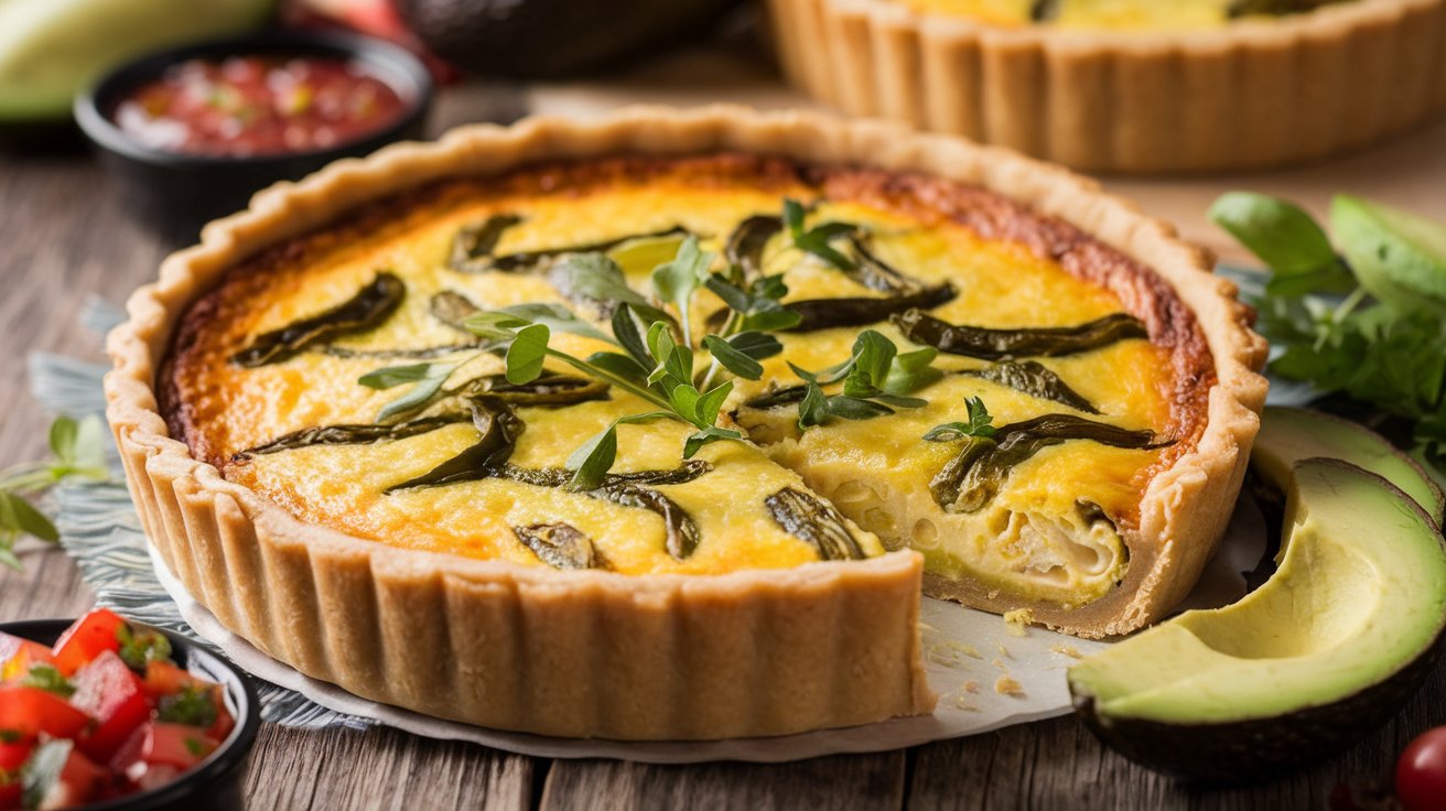 A golden, cheesy quiche filled with roasted green chiles, set in a flaky crust, garnished with fresh herbs, placed on a rustic wooden table
