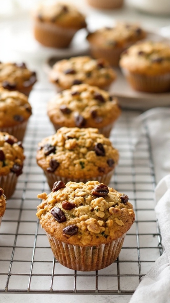 Freshly baked zucchini oatmeal muffins with raisins cooling on a wire rack.